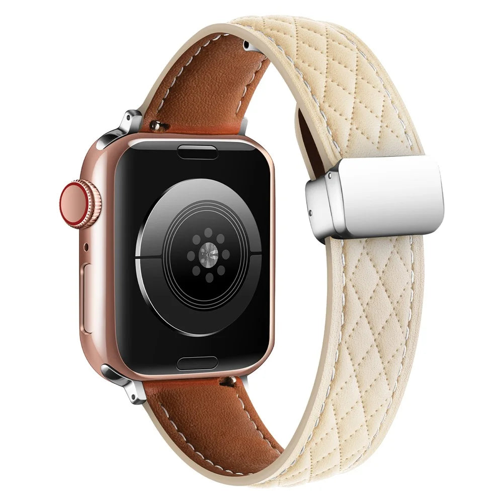 Leather Watch Band For Apple Watch Series 11 10 42mm / 9 8 7 41mm / SE3 SE2 SE 6 5 4 40mm / 3 2 1 38mm Rhombus Texture Strap with Folding Buckle - Starlight - 1