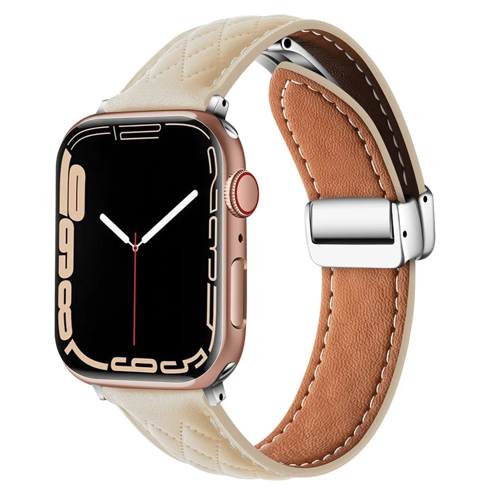 Leather Watch Band For Apple Watch Series 11 10 42mm / 9 8 7 41mm / SE3 SE2 SE 6 5 4 40mm / 3 2 1 38mm Rhombus Texture Strap with Folding Buckle - Starlight - 2