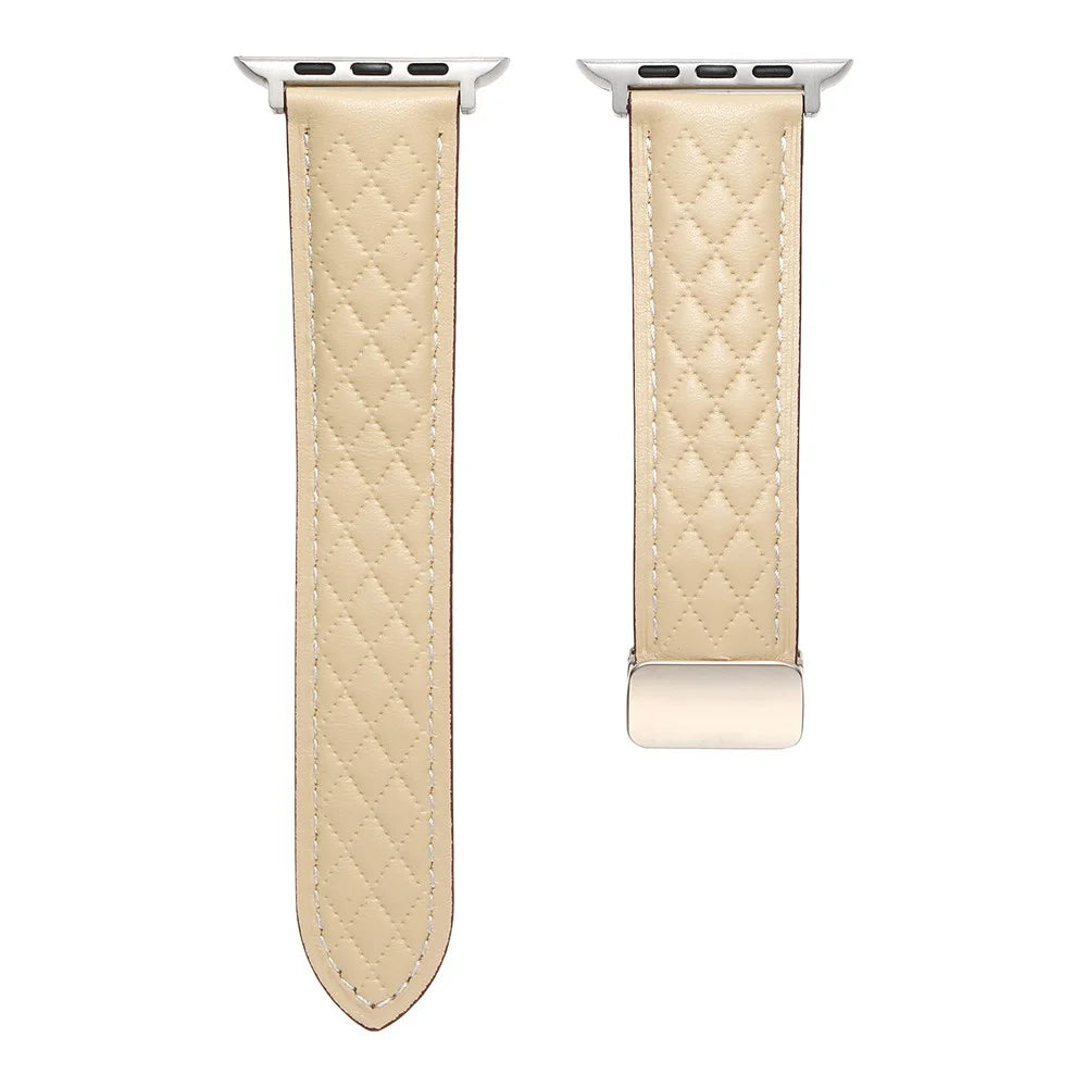 Leather Watch Band For Apple Watch Series 11 10 42mm / 9 8 7 41mm / SE3 SE2 SE 6 5 4 40mm / 3 2 1 38mm Rhombus Texture Strap with Folding Buckle - Starlight - 3