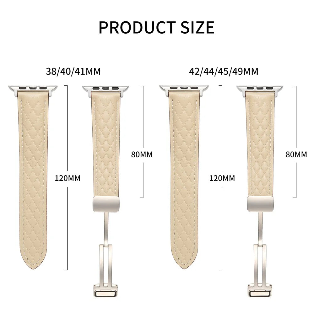 Leather Watch Band For Apple Watch Ultra 3 2 1 49mm / Series 11 10 46mm / 9 8 7 45mm / SE3 SE2 SE 6 5 4 44mm / 3 2 1 42mm Rhombus Texture Strap with Folding Buckle - Starlight - 5