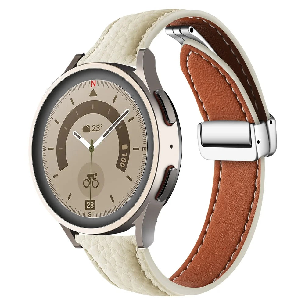For Samsung Galaxy Watch3 45mm / Watch 46mm Leather Band 22mm Litchi Texture Strap with Folding Buckle - Beige - 2
