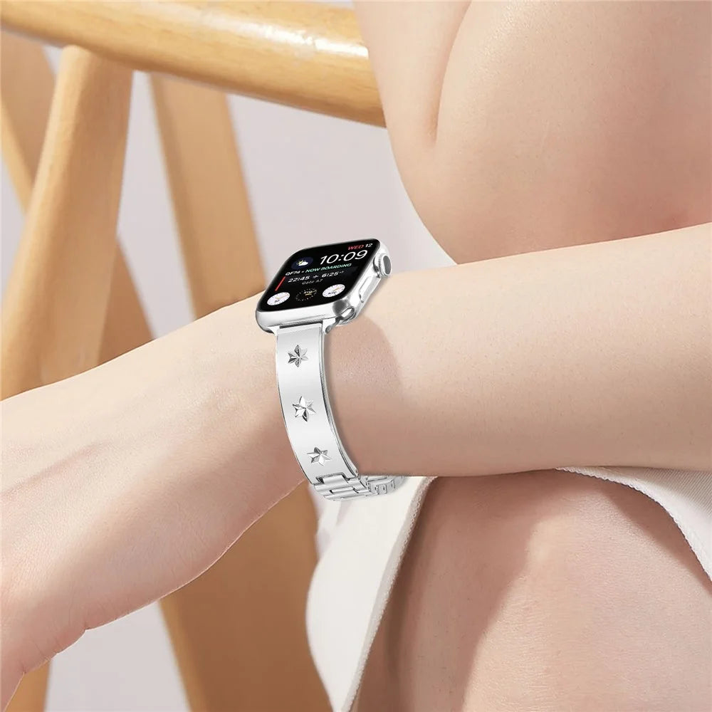 Replacement Strap for Apple Watch Ultra 3 2 1 49mm / Series 11 10 46mm / 9 8 7 45mm / SE3 SE2 SE 6 5 4 44mm / 3 2 1 42mm Metal Watch Band Snowflake Pattern, Silver - 5