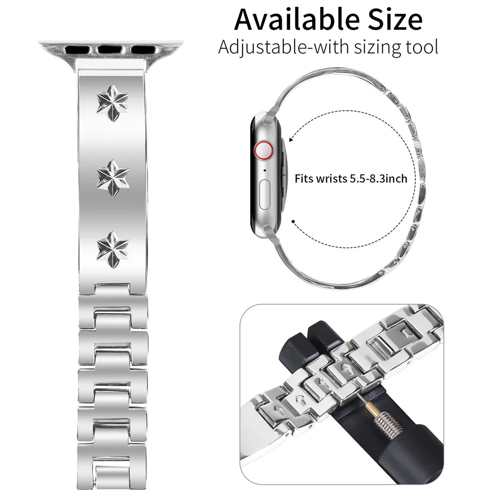 Replacement Strap for Apple Watch Ultra 3 2 1 49mm / Series 11 10 46mm / 9 8 7 45mm / SE3 SE2 SE 6 5 4 44mm / 3 2 1 42mm Metal Watch Band Snowflake Pattern, Silver - 7