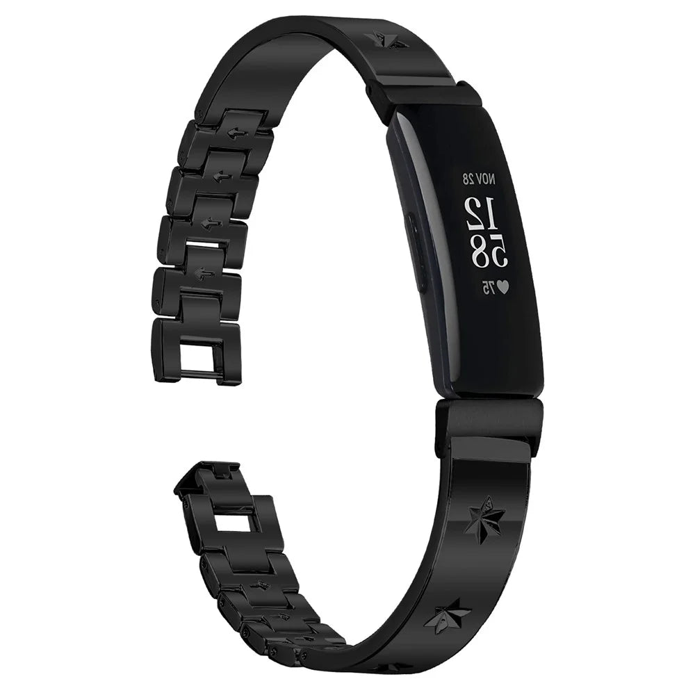 For Fitbit Inspire 2 Replacement Strap Metal Watch Band Snowflake Pattern - Black - 2