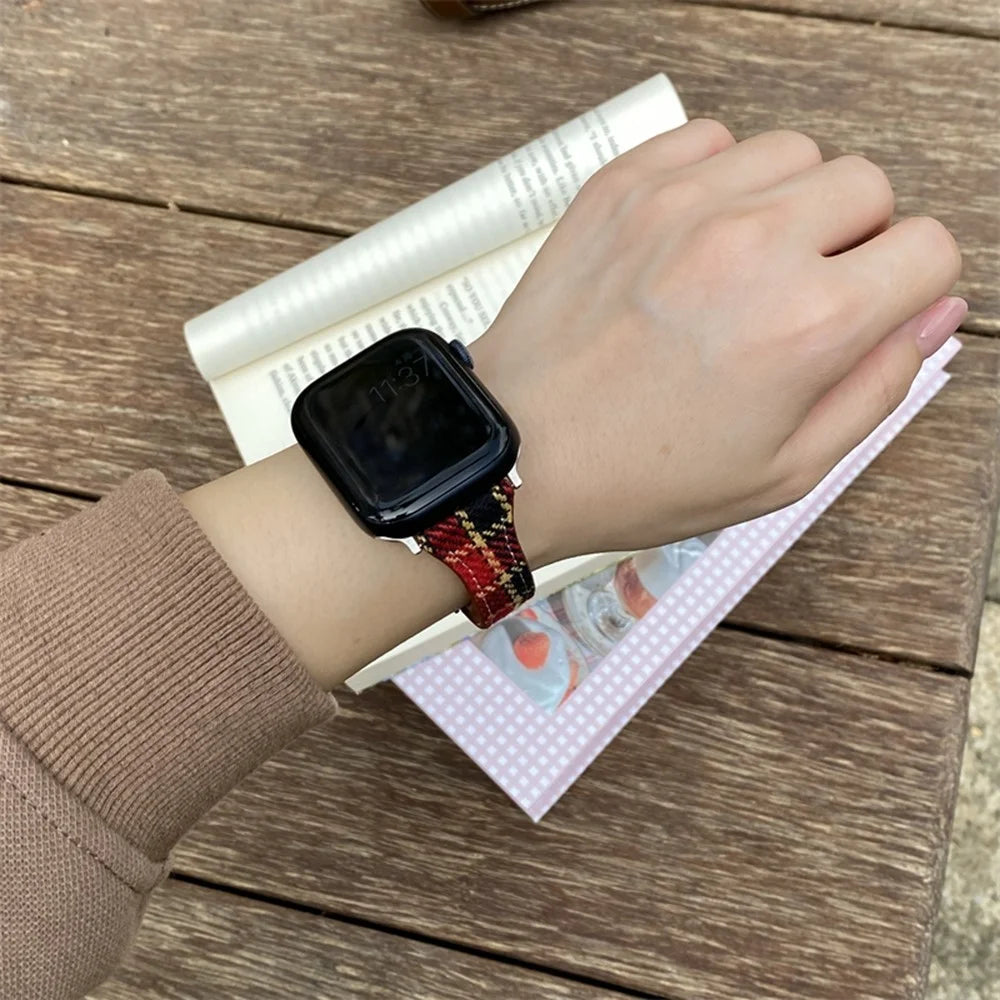 Wool Strap for Apple Watch Series 11 10 42mm / 9 8 7 41mm / SE3 SE2 SE 6 5 4 40mm / 3 2 1 38mm Magnetic Buckle Plaid Texture - Red - 2
