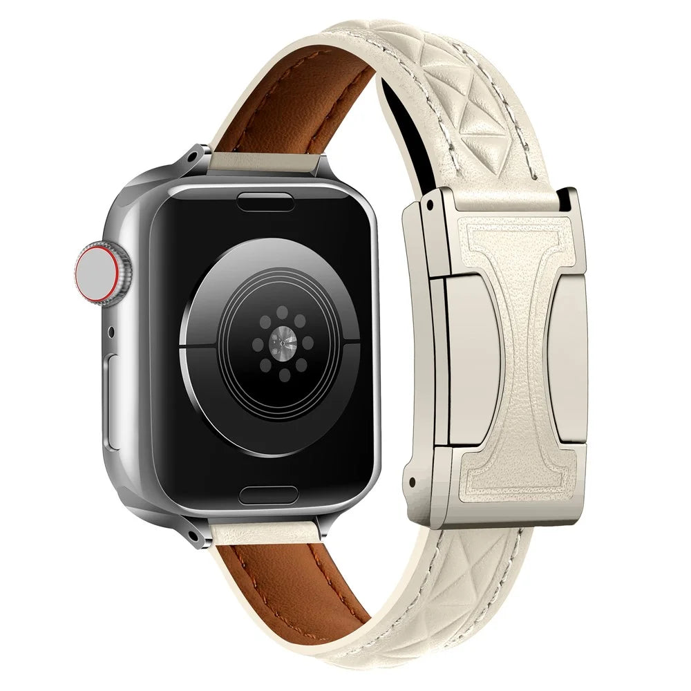 Genuine Leather Watch Band For Apple Watch Series 11 10 42mm / 9 8 7 41mm / SE3 SE2 SE 6 5 4 40mm / 3 2 1 38mm Strap with Magnetic Double C Buckle - Beige - 1