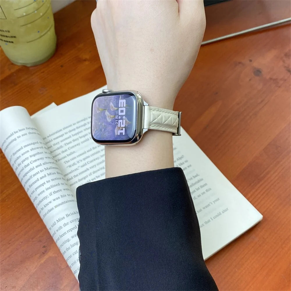 Genuine Leather Watch Band For Apple Watch Series 11 10 42mm / 9 8 7 41mm / SE3 SE2 SE 6 5 4 40mm / 3 2 1 38mm Strap with Magnetic Double C Buckle - Beige - 5