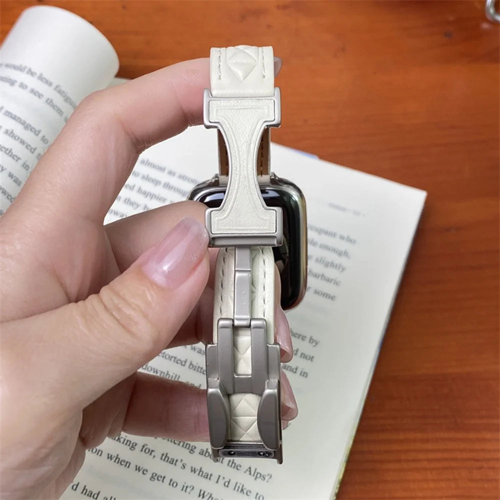 Genuine Leather Watch Band For Apple Watch Series 11 10 42mm / 9 8 7 41mm / SE3 SE2 SE 6 5 4 40mm / 3 2 1 38mm Strap with Magnetic Double C Buckle - Beige - 7