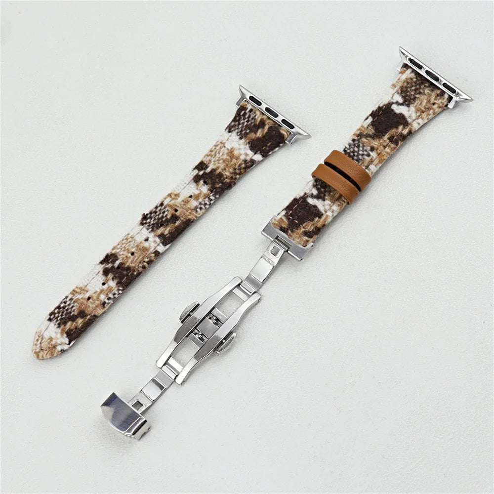 Wool+Leather Strap for Apple Watch Series 11 10 42mm / 9 8 7 41mm / SE3 SE2 SE 6 5 4 40mm / 3 2 1 38mm Houndstooth Pattern - White+Brown - 3