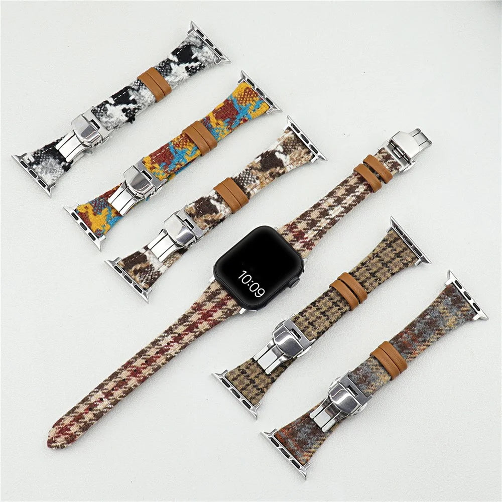 Wool+Leather Strap for Apple Watch Series 11 10 42mm / 9 8 7 41mm / SE3 SE2 SE 6 5 4 40mm / 3 2 1 38mm Houndstooth Pattern - White+Brown - 4