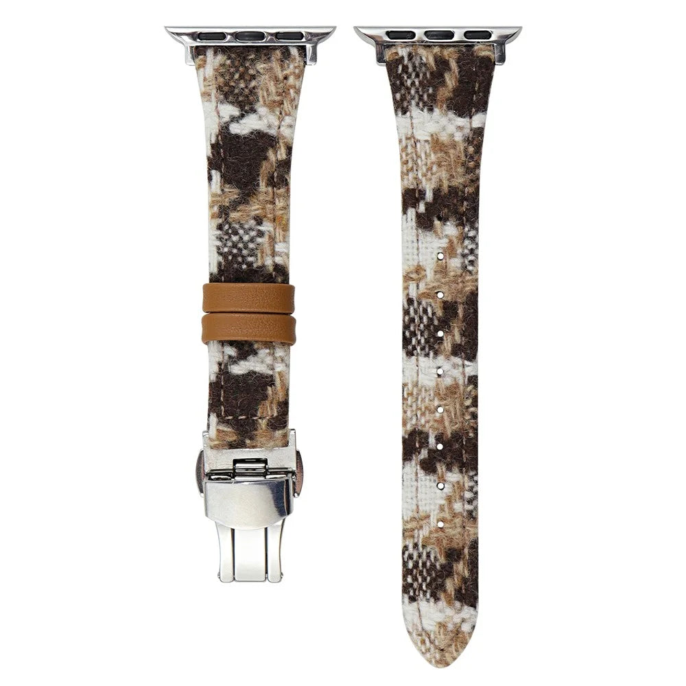Wool+Leather Strap for Apple Watch Ultra 3 2 1 49mm / Series 11 10 46mm / 9 8 7 45mm / SE3 SE2 SE 6 5 4 44mm / 3 2 1 42mm Houndstooth Pattern - White+Brown - 1