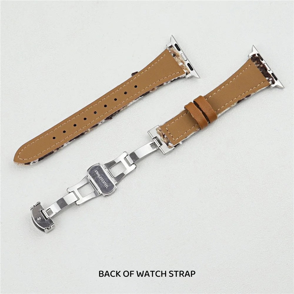 Wool+Leather Strap for Apple Watch Ultra 3 2 1 49mm / Series 11 10 46mm / 9 8 7 45mm / SE3 SE2 SE 6 5 4 44mm / 3 2 1 42mm Houndstooth Pattern - White+Brown - 2