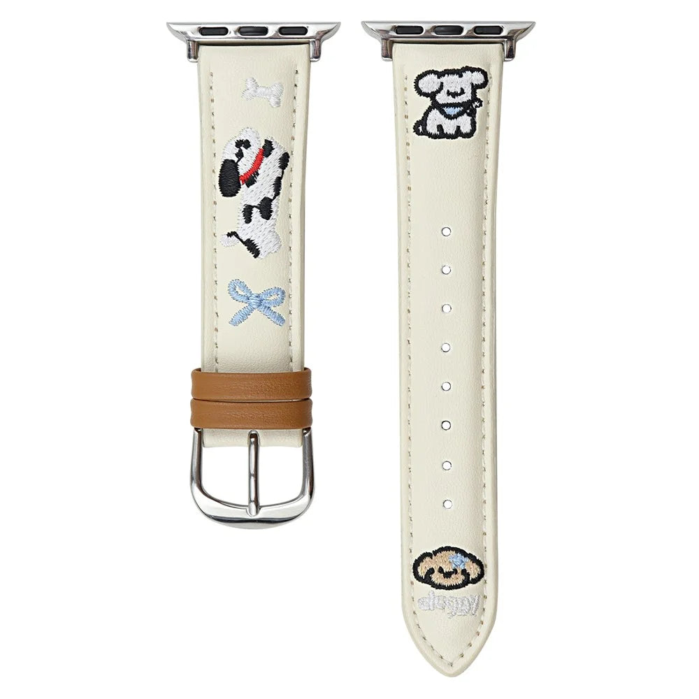 Embroidered Puppy Leather Strap for Apple Watch Series 11 10 42mm / 9 8 7 41mm / SE3 SE2 SE 6 5 4 40mm / 3 2 1 38mm - White - 1