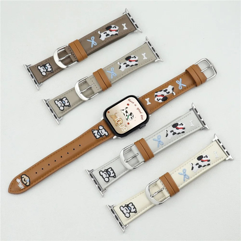 Embroidered Puppy Leather Strap for Apple Watch Ultra 3 2 1 49mm / Series 11 10 46mm / 9 8 7 45mm / SE3 SE2 SE 6 5 4 44mm / 3 2 1 42mm - White - 3