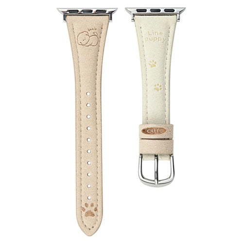 Cartoon Puppy Pattern Leather Strap for Apple Watch Series 11 10 42mm / 9 8 7 41mm / SE3 SE2 SE 6 5 4 40mm / 3 2 1 38mm - Apricot+White - 1