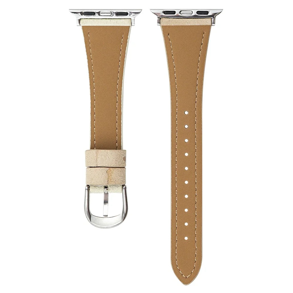 Cartoon Puppy Pattern Leather Strap for Apple Watch Series 11 10 42mm / 9 8 7 41mm / SE3 SE2 SE 6 5 4 40mm / 3 2 1 38mm - Apricot+White - 2
