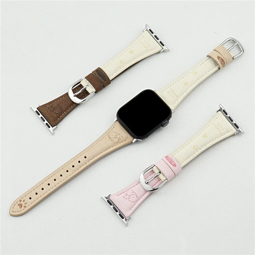 Cartoon Puppy Pattern Leather Strap for Apple Watch Series 11 10 42mm / 9 8 7 41mm / SE3 SE2 SE 6 5 4 40mm / 3 2 1 38mm - Apricot+White - 3