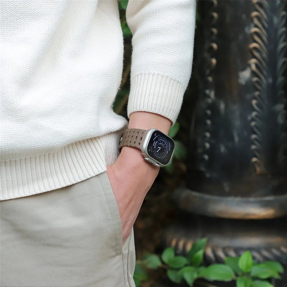 Silicone Band for Apple Watch Series 11 10 42mm / 9 8 7 41mm / SE3 SE2 SE 6 5 4 40mm / 3 2 1 38mm Magnetic Strap - Brown+Apricot - 5