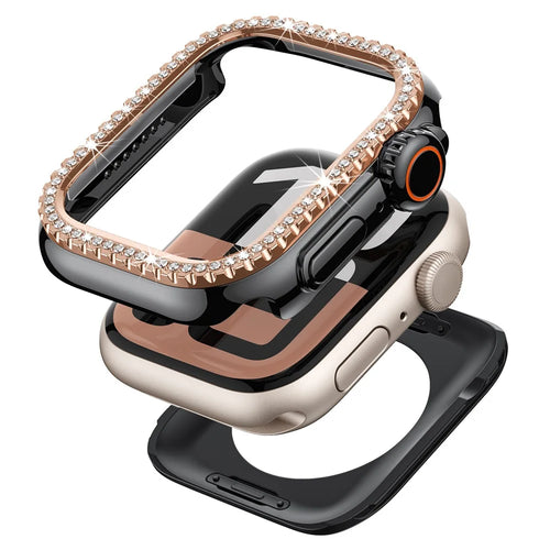 Watch Case for Apple Watch Series 9 / 8 / 7 45mm Rhinestone Decor Hollow PC Frame Cover - Black+Rose Gold Dial - 1