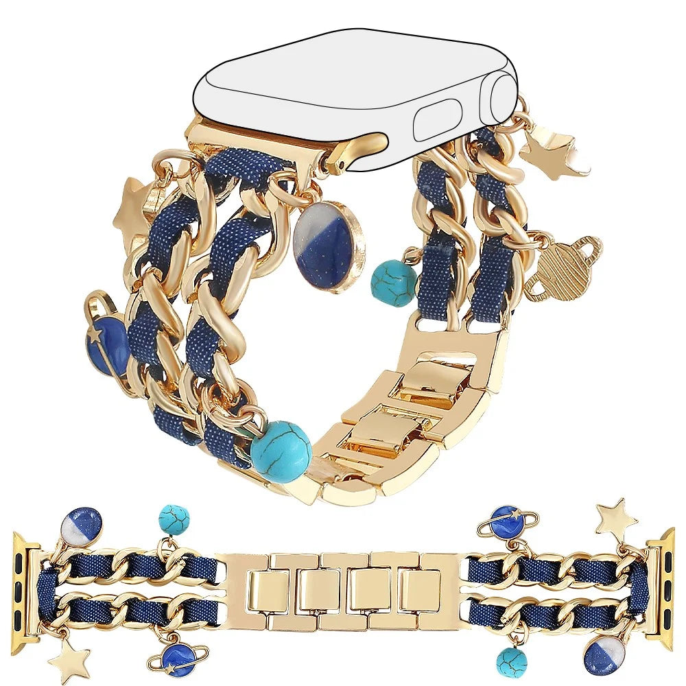 Watch Strap for Apple Watch Series 11 10 42mm / 9 8 7 41mm / SE3 SE2 SE 6 5 4 40mm / 3 2 1 38mm Women Denim+Alloy Bracelet Band - Gold+Dark Denim - 1