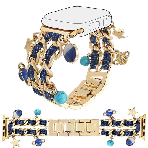 Watch Strap for Apple Watch Series 11 10 42mm / 9 8 7 41mm / SE3 SE2 SE 6 5 4 40mm / 3 2 1 38mm Women Denim+Alloy Bracelet Band - Gold+Dark Denim - 1