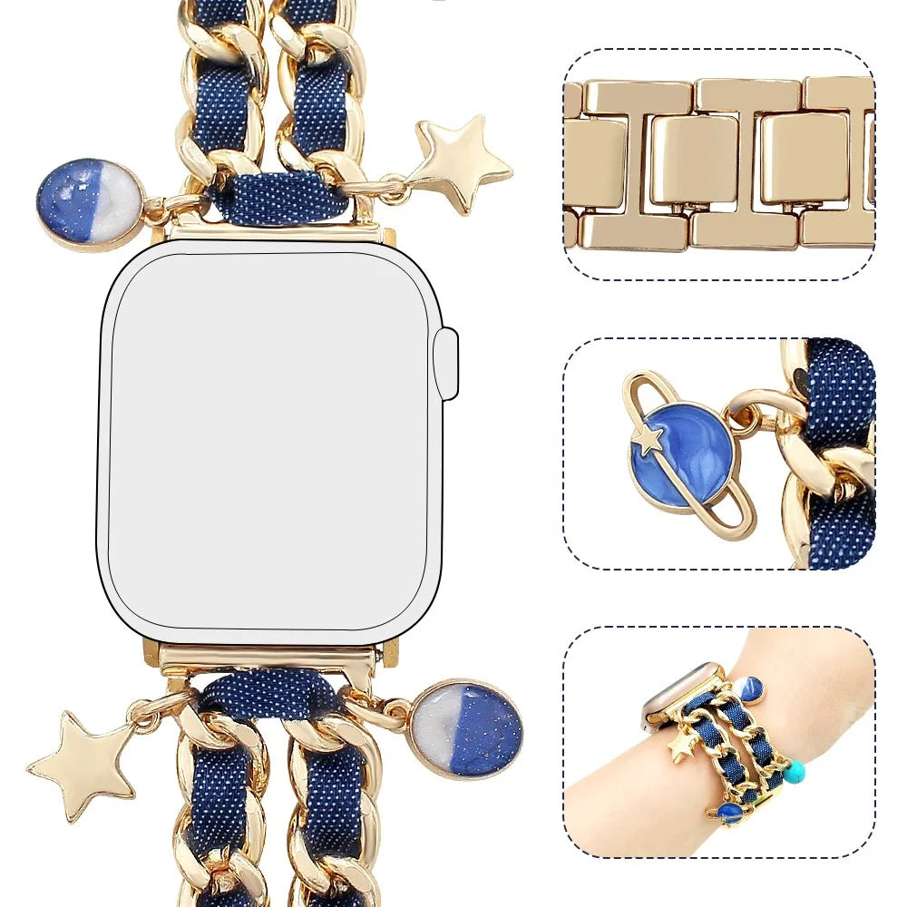 Watch Strap for Apple Watch Series 11 10 42mm / 9 8 7 41mm / SE3 SE2 SE 6 5 4 40mm / 3 2 1 38mm Women Denim+Alloy Bracelet Band - Gold+Dark Denim - 2