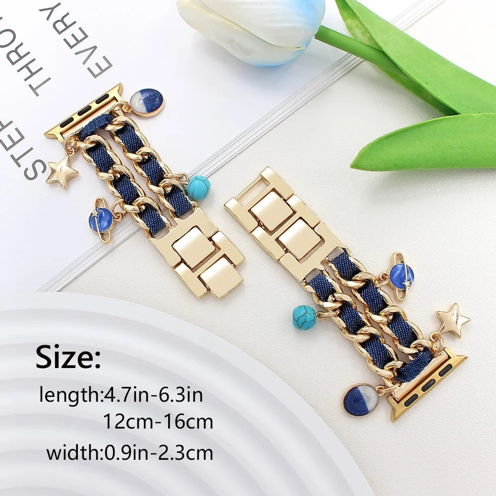 Watch Strap for Apple Watch Series 11 10 42mm / 9 8 7 41mm / SE3 SE2 SE 6 5 4 40mm / 3 2 1 38mm Women Denim+Alloy Bracelet Band - Gold+Dark Denim - 3
