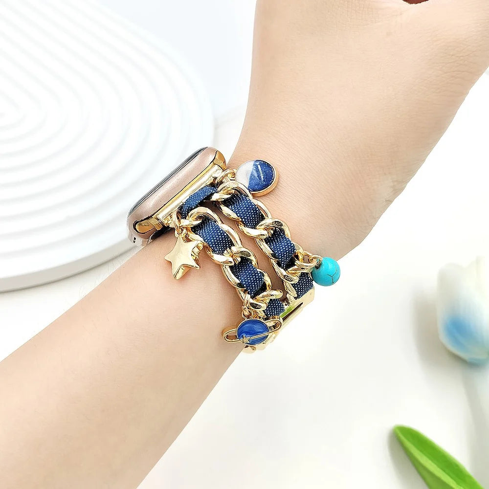 Watch Strap for Apple Watch Series 11 10 42mm / 9 8 7 41mm / SE3 SE2 SE 6 5 4 40mm / 3 2 1 38mm Women Denim+Alloy Bracelet Band - Gold+Dark Denim - 4
