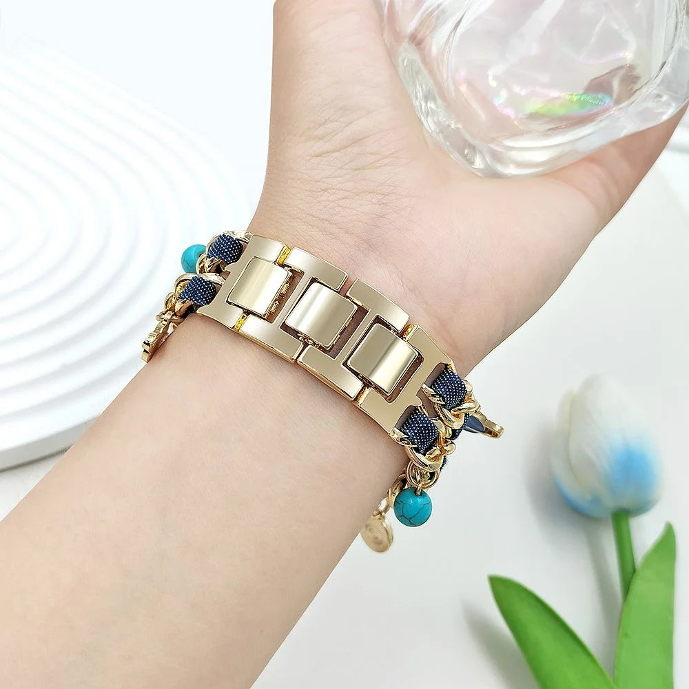 Watch Strap for Apple Watch Series 11 10 42mm / 9 8 7 41mm / SE3 SE2 SE 6 5 4 40mm / 3 2 1 38mm Women Denim+Alloy Bracelet Band - Gold+Dark Denim - 5