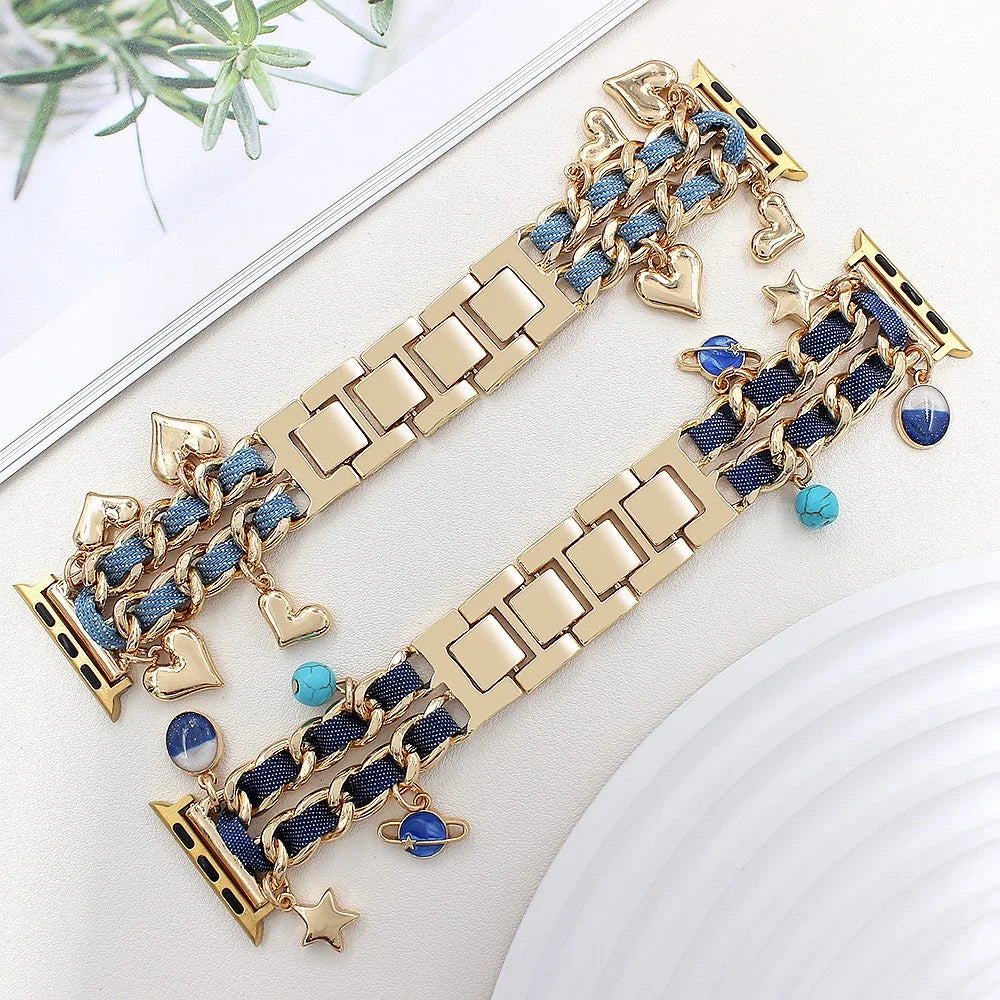 Watch Strap for Apple Watch Ultra 3 2 1 49mm / Series 11 10 46mm / 9 8 7 45mm / SE3 SE2 SE 6 5 4 44mm / 3 2 1 42mm Women Denim+Alloy Bracelet Band - Gold+Dark Denim - 6
