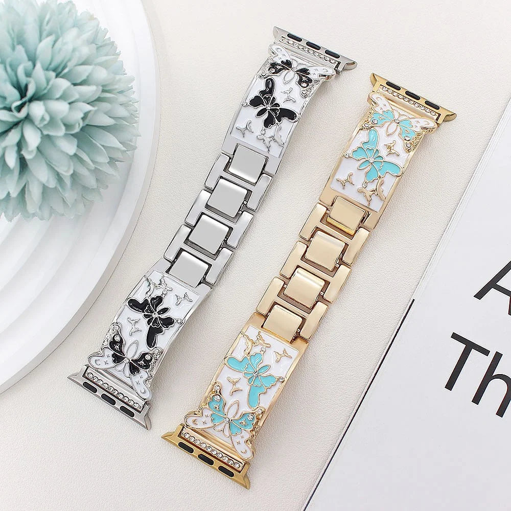 Watch Strap for Apple Watch Series 11 10 42mm / 9 8 7 41mm / SE3 SE2 SE 6 5 4 40mm / 3 2 1 38mm Enamel Butterfly Metal Band - Silver - 7