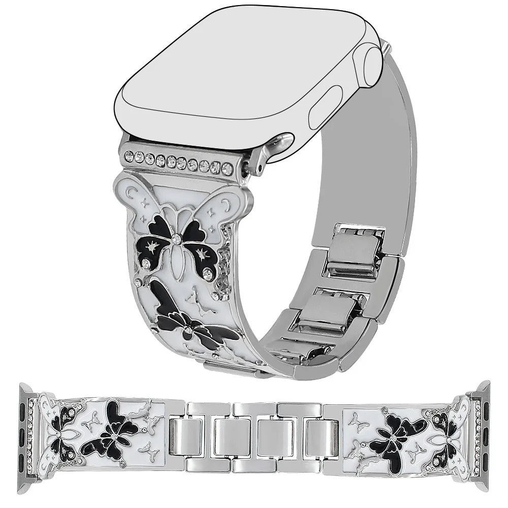 Watch Strap for Apple Watch Ultra 3 2 1 49mm / Series 11 10 46mm / 9 8 7 45mm / SE3 SE2 SE 6 5 4 44mm / 3 2 1 42mm Enamel Butterfly Metal Band - Silver - 1
