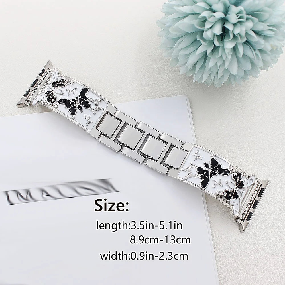 Watch Strap for Apple Watch Ultra 3 2 1 49mm / Series 11 10 46mm / 9 8 7 45mm / SE3 SE2 SE 6 5 4 44mm / 3 2 1 42mm Enamel Butterfly Metal Band - Silver - 2