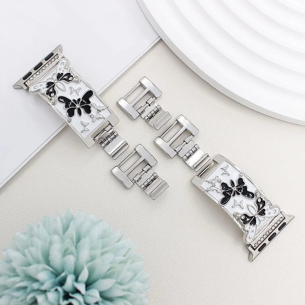 Watch Strap for Apple Watch Ultra 3 2 1 49mm / Series 11 10 46mm / 9 8 7 45mm / SE3 SE2 SE 6 5 4 44mm / 3 2 1 42mm Enamel Butterfly Metal Band - Silver - 3