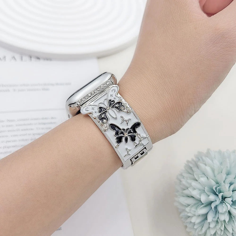 Watch Strap for Apple Watch Ultra 3 2 1 49mm / Series 11 10 46mm / 9 8 7 45mm / SE3 SE2 SE 6 5 4 44mm / 3 2 1 42mm Enamel Butterfly Metal Band - Silver - 5