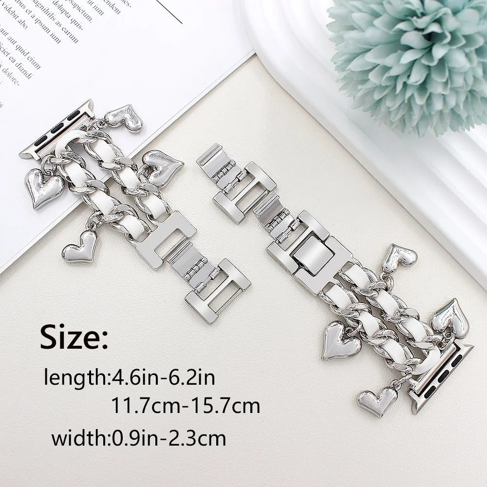 Watch Strap for Apple Watch Series 11 10 42mm / 9 8 7 41mm / SE3 SE2 SE 6 5 4 40mm / 3 2 1 38mm Alloy+Leather Band with Heart Pendant - Silver - 3
