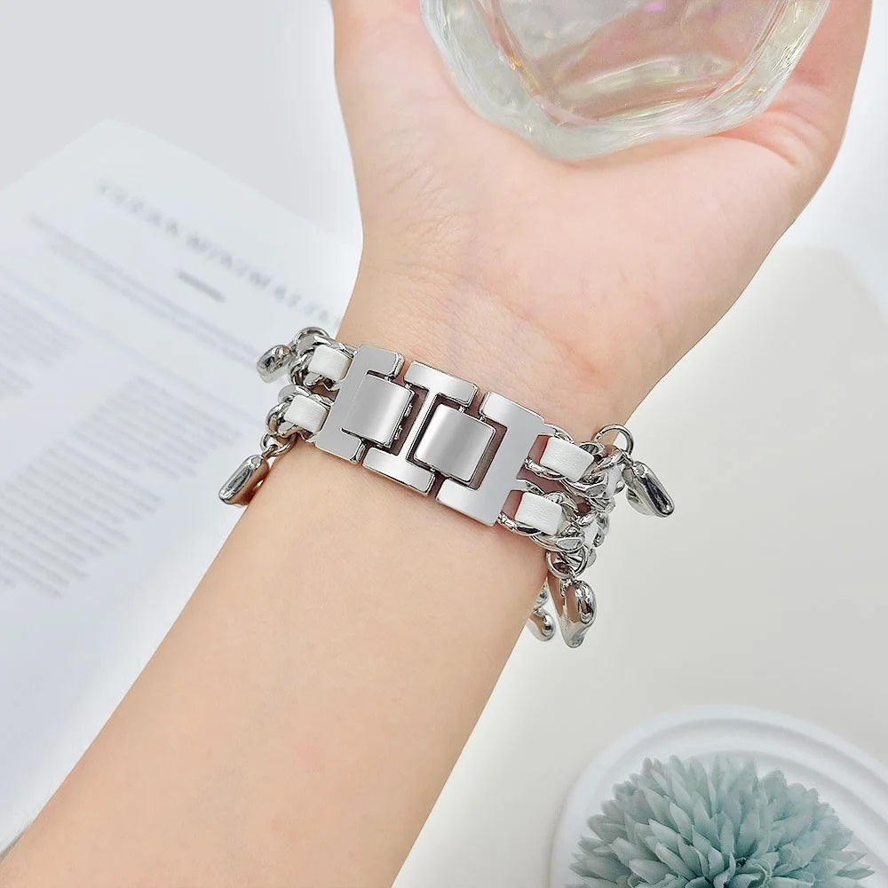Watch Strap for Apple Watch Series 11 10 42mm / 9 8 7 41mm / SE3 SE2 SE 6 5 4 40mm / 3 2 1 38mm Alloy+Leather Band with Heart Pendant - Silver - 5