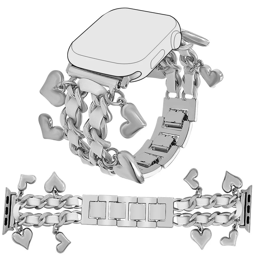 Watch Strap for Apple Watch Ultra 3 2 1 49mm / Series 11 10 46mm / 9 8 7 45mm / SE3 SE2 SE 6 5 4 44mm / 3 2 1 42mm Alloy+Leather Band with Heart Pendant - Silver - 1