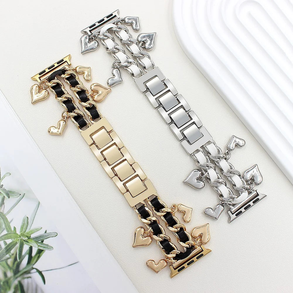 Watch Strap for Apple Watch Ultra 3 2 1 49mm / Series 11 10 46mm / 9 8 7 45mm / SE3 SE2 SE 6 5 4 44mm / 3 2 1 42mm Alloy+Leather Band with Heart Pendant - Silver - 6