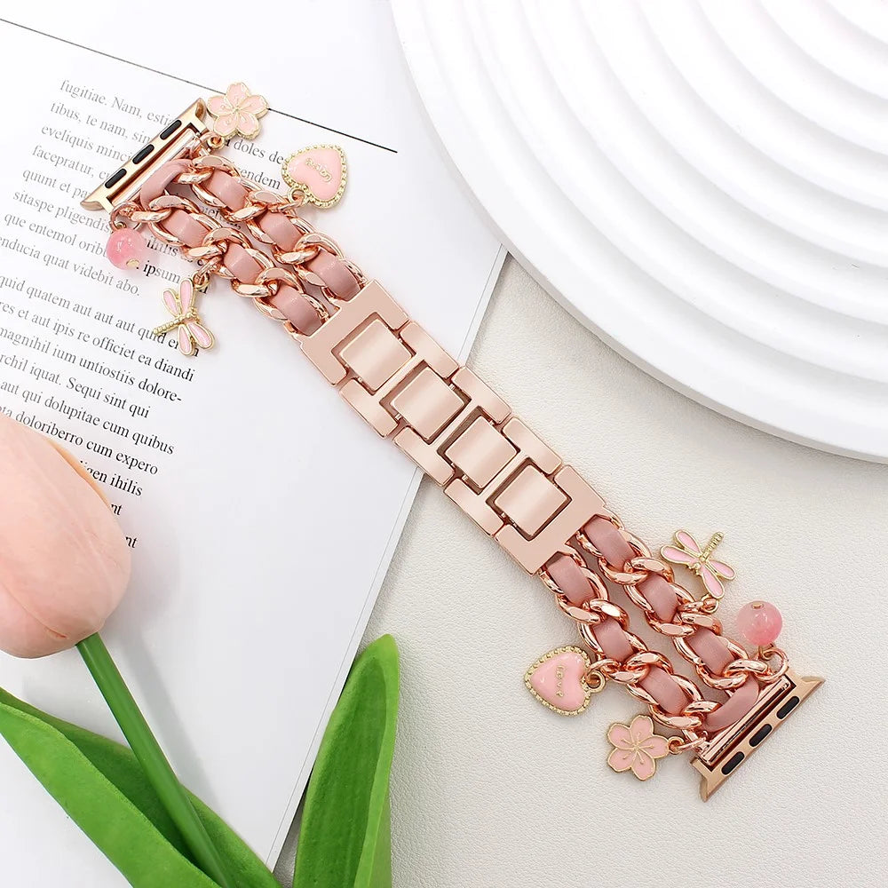 Watch Strap for Apple Watch Series 11 10 42mm / 9 8 7 41mm / SE3 SE2 SE 6 5 4 40mm / 3 2 1 38mm Alloy+Leather Band with Butterfly and Flower Pendant - Rose Gold - 2