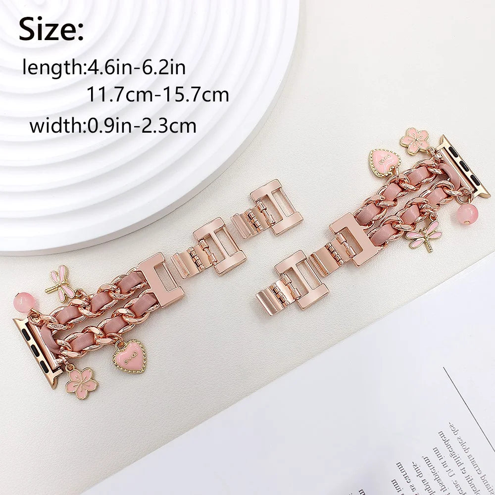 Watch Strap for Apple Watch Series 11 10 42mm / 9 8 7 41mm / SE3 SE2 SE 6 5 4 40mm / 3 2 1 38mm Alloy+Leather Band with Butterfly and Flower Pendant - Rose Gold - 3