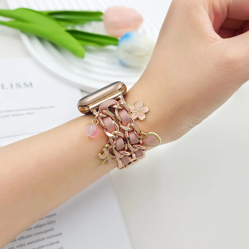 Watch Strap for Apple Watch Series 11 10 42mm / 9 8 7 41mm / SE3 SE2 SE 6 5 4 40mm / 3 2 1 38mm Alloy+Leather Band with Butterfly and Flower Pendant - Rose Gold - 4