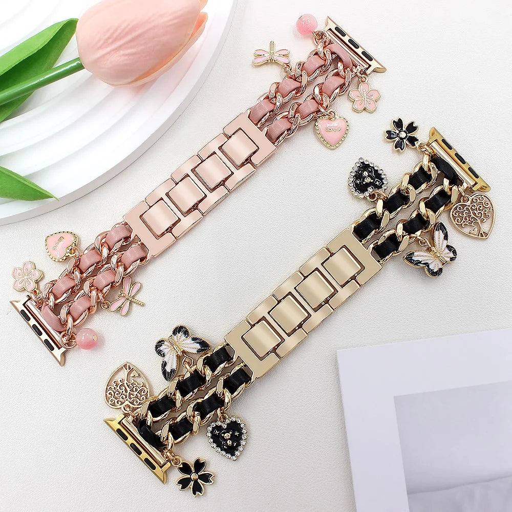 Watch Strap for Apple Watch Series 11 10 42mm / 9 8 7 41mm / SE3 SE2 SE 6 5 4 40mm / 3 2 1 38mm Alloy+Leather Band with Butterfly and Flower Pendant - Rose Gold - 6