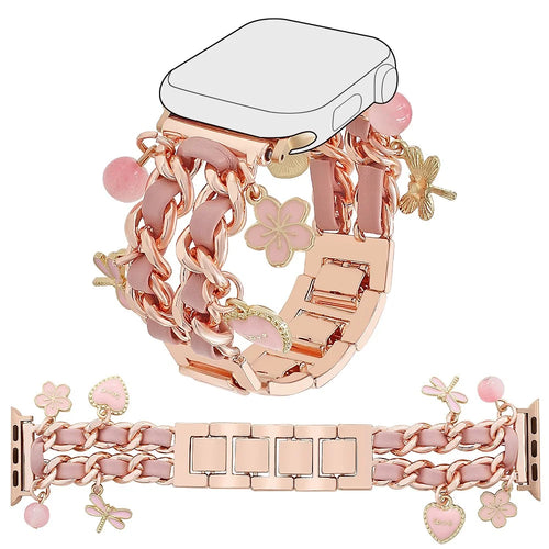 Watch Strap for Apple Watch Ultra 3 2 1 49mm / Series 11 10 46mm / 9 8 7 45mm / SE3 SE2 SE 6 5 4 44mm / 3 2 1 42mm Alloy+Leather Band with Butterfly and Flower Pendant - Rose Gold - 1