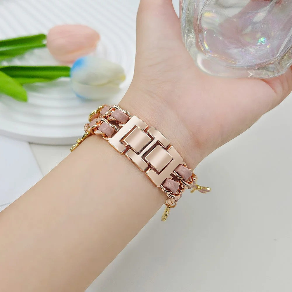 Watch Strap for Apple Watch Ultra 3 2 1 49mm / Series 11 10 46mm / 9 8 7 45mm / SE3 SE2 SE 6 5 4 44mm / 3 2 1 42mm Alloy+Leather Band with Butterfly and Flower Pendant - Rose Gold - 5