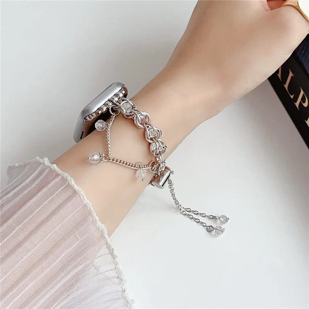Crystal Beads Strap for Apple Watch Ultra 3 2 1 49mm / Series 11 10 46mm / 9 8 7 45mm / SE3 SE2 SE 6 5 4 44mm / 3 2 1 42mm Sliding Bracelet - Silver - 2