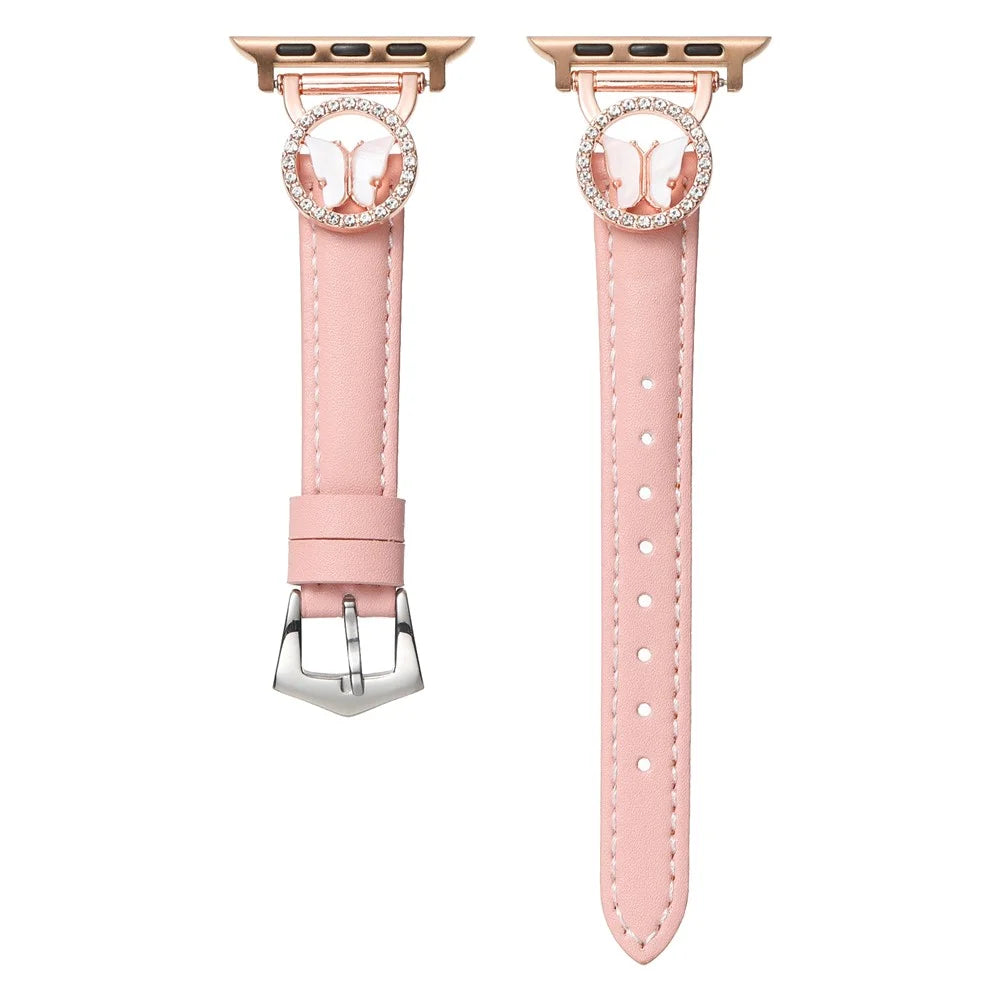 Leather Strap for Apple Watch Series 11 10 42mm / 9 8 7 41mm / SE3 SE2 SE 6 5 4 40mm / 3 2 1 38mm Rhinestone Butterfly Band - Pink+Rose Gold Buckle - 1