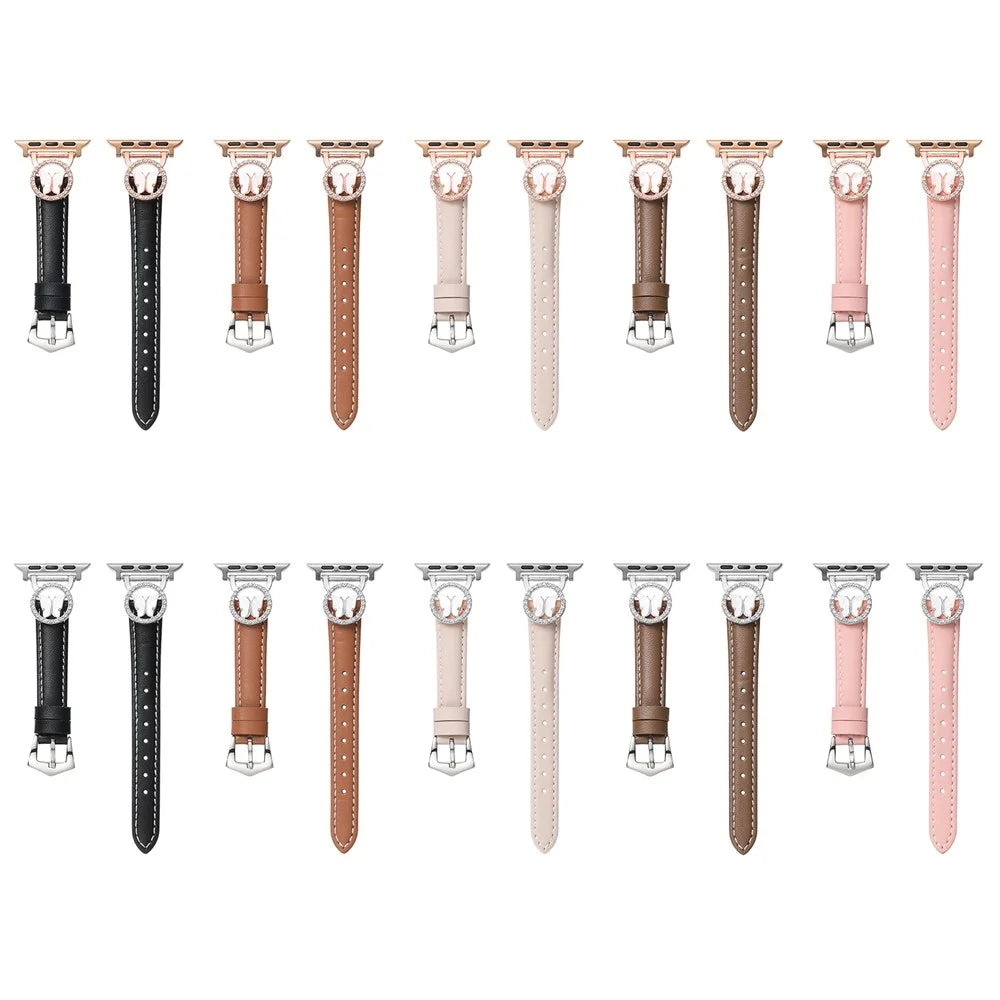 Leather Strap for Apple Watch Series 11 10 42mm / 9 8 7 41mm / SE3 SE2 SE 6 5 4 40mm / 3 2 1 38mm Rhinestone Butterfly Band - Pink+Rose Gold Buckle - 2
