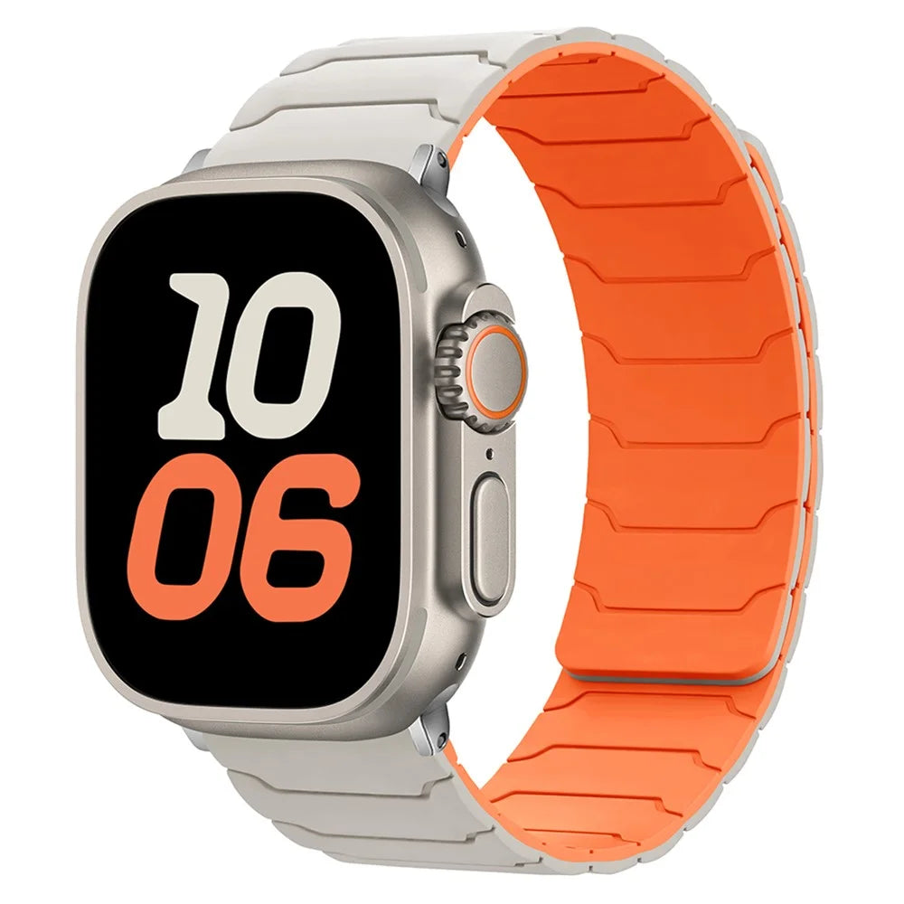 Silicone Strap for Apple Watch Series 11 10 42mm / 9 8 7 41mm / SE3 SE2 SE 6 5 4 40mm / 3 2 1 38mm Magnetic Band - Starlight+Orange - 2