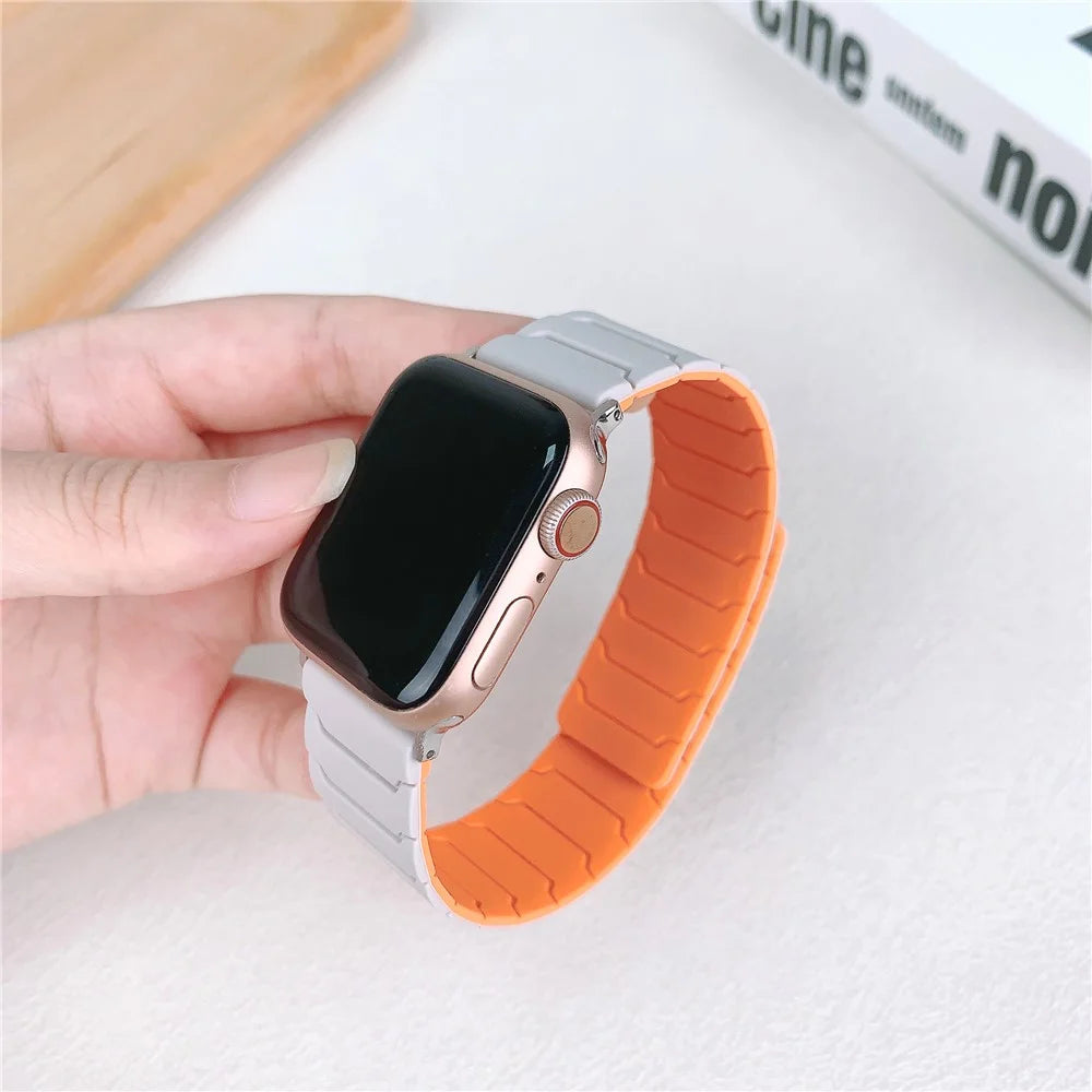 Silicone Strap for Apple Watch Series 11 10 42mm / 9 8 7 41mm / SE3 SE2 SE 6 5 4 40mm / 3 2 1 38mm Magnetic Band - Starlight+Orange - 3